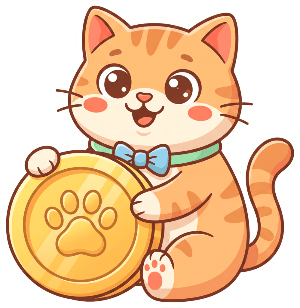 The medow cat hugging a giant gold paw-print coin, peeking out from behind the form